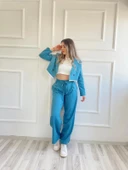 Çizgili Çift Mavi Bağcıklı Palazzo Pantolon - 2