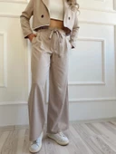 Çizgili Çift Bej Bağcıklı Palazzo Pantolon thumbnail 1