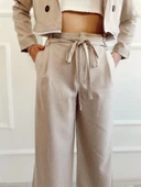 Çizgili Çift Bej Bağcıklı Palazzo Pantolon thumbnail 3