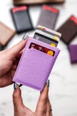 Mekanizmalı Cüzdan Vegan Deri Kartlık 9 Adet Kart Ve Geniş Para Bölmeli Rfıd Engelleme Lila thumbnail 1