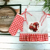 Aşk Cücesi Love Gnome Fırfırlı, Buldan keten Fırın Önlüğü (Örtüsü) ve Eldiveni thumbnail 3