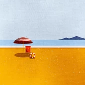 Kumsalda Kırmızı Şemsiye ve Şezlong Kanvas Tablo 50 x 70 thumbnail 2