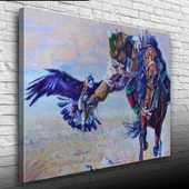 Şahin İle Avlanan Atlı Yağlıboya Kanvas Tablo 50 x 70 thumbnail 3