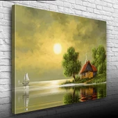 Dolunay ve Göl kenarındaki Ev Yağlıboya Kanvas Tablo 50 x 70 thumbnail 1