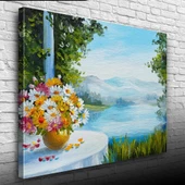 Masadaki Çiçekler ve Göl Manzarası Yağlıboya Kanvas Tablo 50 x 70 - 1