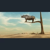 Gergedan, Çöl ve Kuru Ağaç Retro Kanvas Tablo 60 x 120 thumbnail 2