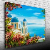 Çiçekli Terasta Mikanos ve Deniz Manzarası Yağlıboya Kanvas Tablo 50 x 70 thumbnail 1