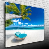 Kumsal Mavi Salıncak, Deniz ve Palmiyeler Kanvas Tablo 50 x 70 thumbnail 3