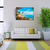 Çiçekli Terasta Mikanos ve Deniz Manzarası Yağlıboya Kanvas Tablo 50 x 70 thumbnail 2