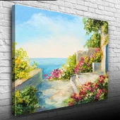 Çiçekli Taş Teras ve Deniz Manzarası  Yağlıboya Kanvas Tablo 50 x 70 thumbnail 3