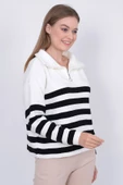 Kadın Çizgili Oversize Kesim Fermuarlı Triko Kazak Ekru-Siyah thumbnail 6