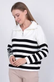 Kadın Çizgili Oversize Kesim Fermuarlı Triko Kazak Ekru-Siyah thumbnail 10