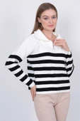 Kadın Çizgili Oversize Kesim Fermuarlı Triko Kazak Ekru-Siyah thumbnail 5
