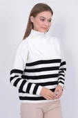Kadın Çizgili Oversize Kesim Fermuarlı Triko Kazak Ekru-Siyah thumbnail 7