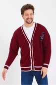 Erkek Bordo Nakışlı Düğmeli Triko Hırka - 1