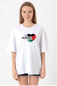 Heart Palestine Flag Beyaz Kadın Oversize Tshirt - 1