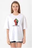 Hand Free Palestine Beyaz Kadın Oversize Tshirt - 1