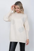 Kadın Triko Kazak Bisiklet Yaka Yaprak Desenli Kolu Taşlı Oversize Taş Renk thumbnail 6