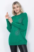 Kadın Triko Kazak Bisiklet Yaka Yaprak Desenli Kolu Taşlı Oversize Yeşil thumbnail 1