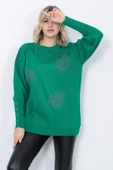 Kadın Triko Kazak Bisiklet Yaka Yaprak Desenli Kolu Taşlı Oversize Yeşil thumbnail 5