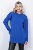Kadın Triko Kazak Bisiklet Yaka Kolu Desenli Oversize Saks Mavi - 7