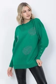 Kadın Triko Kazak Bisiklet Yaka Yaprak Desenli Kolu Taşlı Oversize Yeşil thumbnail 3