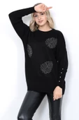 Kadın Triko Kazak Bisiklet Yaka Yaprak Desenli Kolu Taşlı Oversize Siyah thumbnail 7