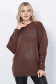 Kadın Triko Kazak Bisiklet Yaka Yaprak Desenli Kolu Taşlı Oversize Kahverengi thumbnail 3