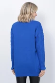 Kadın Triko Kazak Bisiklet Yaka Kolu Desenli Oversize Saks Mavi - 5