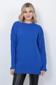 Kadın Triko Kazak Bisiklet Yaka Kolu Desenli Oversize Saks Mavi - 6