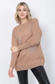 Kadın Triko Kazak Bisiklet Yaka Yaprak Desenli Kolu Taşlı Oversize Vizon - 5
