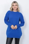 Kadın Triko Kazak Bisiklet Yaka Kolu Desenli Oversize Saks Mavi - 1