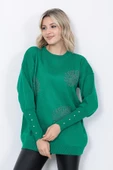 Kadın Triko Kazak Bisiklet Yaka Yaprak Desenli Kolu Taşlı Oversize Yeşil thumbnail 4