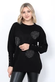 Kadın Triko Kazak Bisiklet Yaka Yaprak Desenli Kolu Taşlı Oversize Siyah thumbnail 1