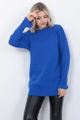 Kadın Triko Kazak Bisiklet Yaka Kolu Desenli Oversize Saks Mavi - 3