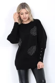 Kadın Triko Kazak Bisiklet Yaka Yaprak Desenli Kolu Taşlı Oversize Siyah thumbnail 6