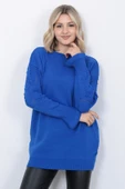 Kadın Triko Kazak Bisiklet Yaka Kolu Desenli Oversize Saks Mavi - 2