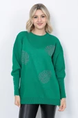 Kadın Triko Kazak Bisiklet Yaka Yaprak Desenli Kolu Taşlı Oversize Yeşil thumbnail 8
