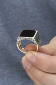 Kare Siyah Mineli Erzurum İşleme 925 Gümüş Erkek Yüzük thumbnail 3