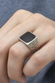 Kare Siyah Mineli Erzurum İşleme 925 Gümüş Erkek Yüzük thumbnail 8