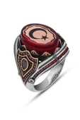 Ayyıldız Kırmızı Taşlı 925 Gümüş Erkek Yüzük thumbnail 2