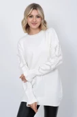 Kadın Triko Kazak Bisiklet Yaka Kolu Desenli Oversize Ekru - 4