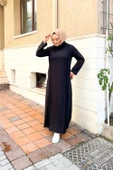 İkili Uzun Nevrül Detaylı Boğazlı Sade Basic Uzun Büyük Beden Spor Elbise - 12027.003 - Siyah thumbnail 3