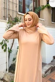 İkili Uzun Nevrül Detaylı Boğazlı Sade Basic Uzun Büyük Beden Spor Elbise - 12027.026 - Bej - 2