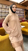 Fermuarlı Kapşonlu Dantel Desenli Tunik Pantolon İkili Spor Takım - 71158.026 - Bej thumbnail 6