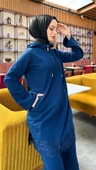 Fermuarlı Kapşonlu Dantel Desenli Tunik Pantolon İkili Spor Takım - 71158.006 - İndigo thumbnail 11