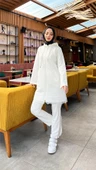 Fermuarlı Kapşonlu Dantel Desenli Tunik Pantolon İkili Spor Takım - 71158.023 - Krem - 2