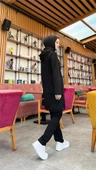 Fermuarlı Kapşonlu Dantel Desenli Tunik Pantolon İkili Spor Takım - 71158.003 - Siyah - 6