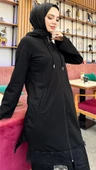 Fermuarlı Kapşonlu Dantel Desenli Tunik Pantolon İkili Spor Takım - 71158.003 - Siyah - 9