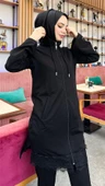 Fermuarlı Kapşonlu Dantel Desenli Tunik Pantolon İkili Spor Takım - 71158.003 - Siyah - 10